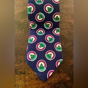 Lands’ End Vintage 100% Silk Navy Tie Geometric Aztec Fan Print Made in USA EUC